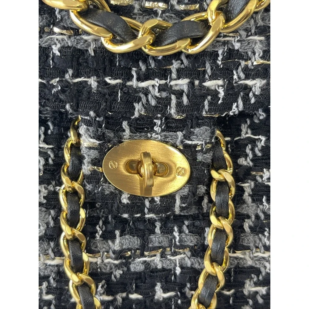 Billiontem Convertible‎ Mini Tweed Backpack/ Purse Black W/ Golden Chains